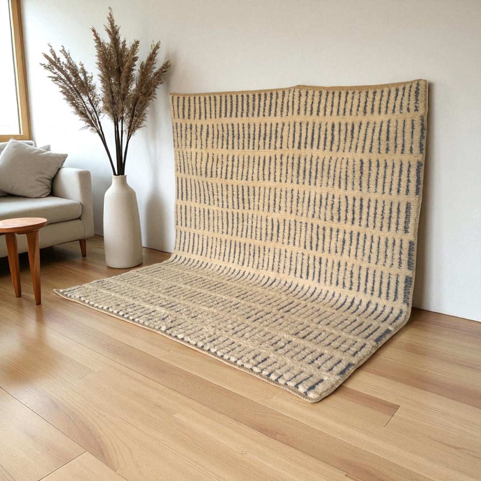 Amazigh Berber Yaz White Wool Rug with Striped Geometric Design