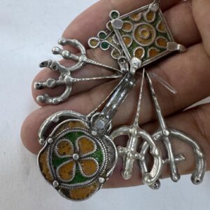 Antique Amazigh Berber Enamel Silver Pendant Necklace with Eight Pendants