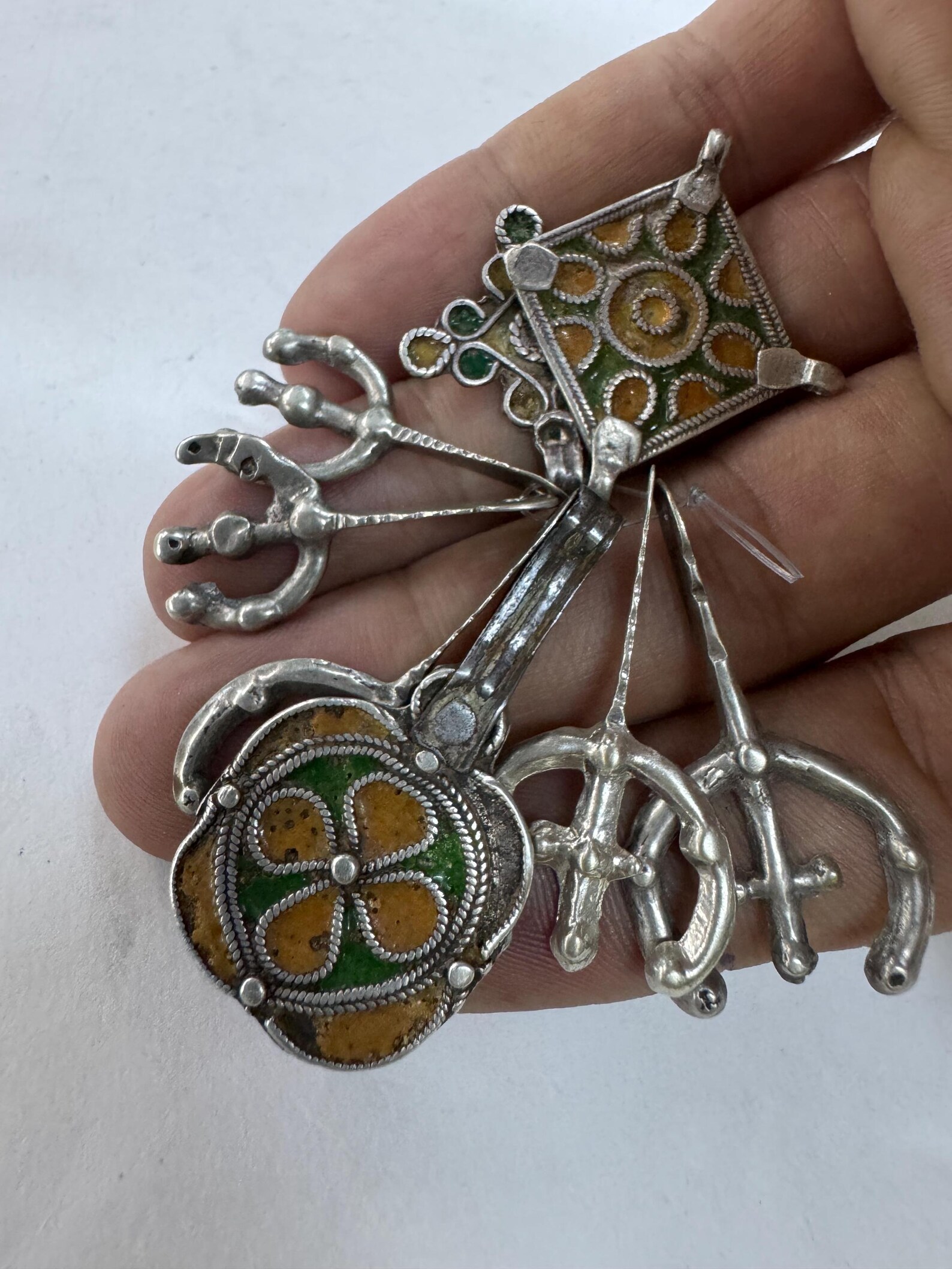 Antique Amazigh Berber Enamel Silver Pendant Necklace with Eight Pendants