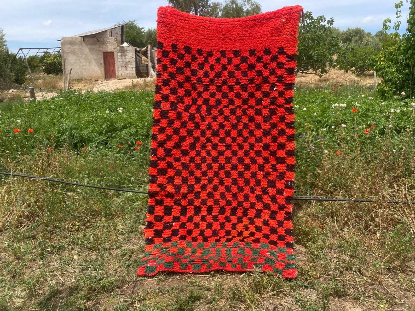 Amazigh Berber Handwoven Akhnif Kilim Rug Red Black Wool Design