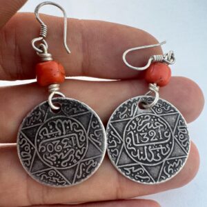 Berber Antique Coral Coin Earrings with Silver Jewelry Design