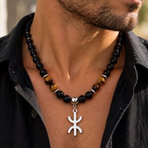 Amazigh Berber Tifinagh Yaz Tiger Eye Bead Necklace for Men
