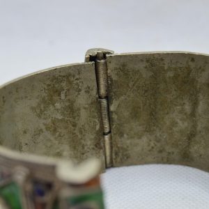 Berber Amazigh Enamel Cuff Bracelet with Red Cabochon Accents Pin Closure