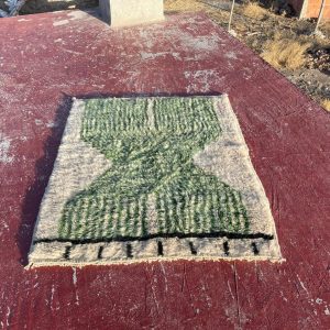 Berber Green Cream Plush Textured Wool Rug Geometric Design