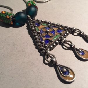 Berber Enamel Silver Pendant Necklace with African Trade Bead Chain