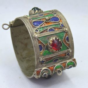 Berber Amazigh Enamel Cuff Bracelet with Red Cabochon Accents Pin Closure
