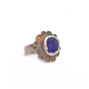 Amazigh Antique Berber Silver Ring with Blue Glass Flower Size 8