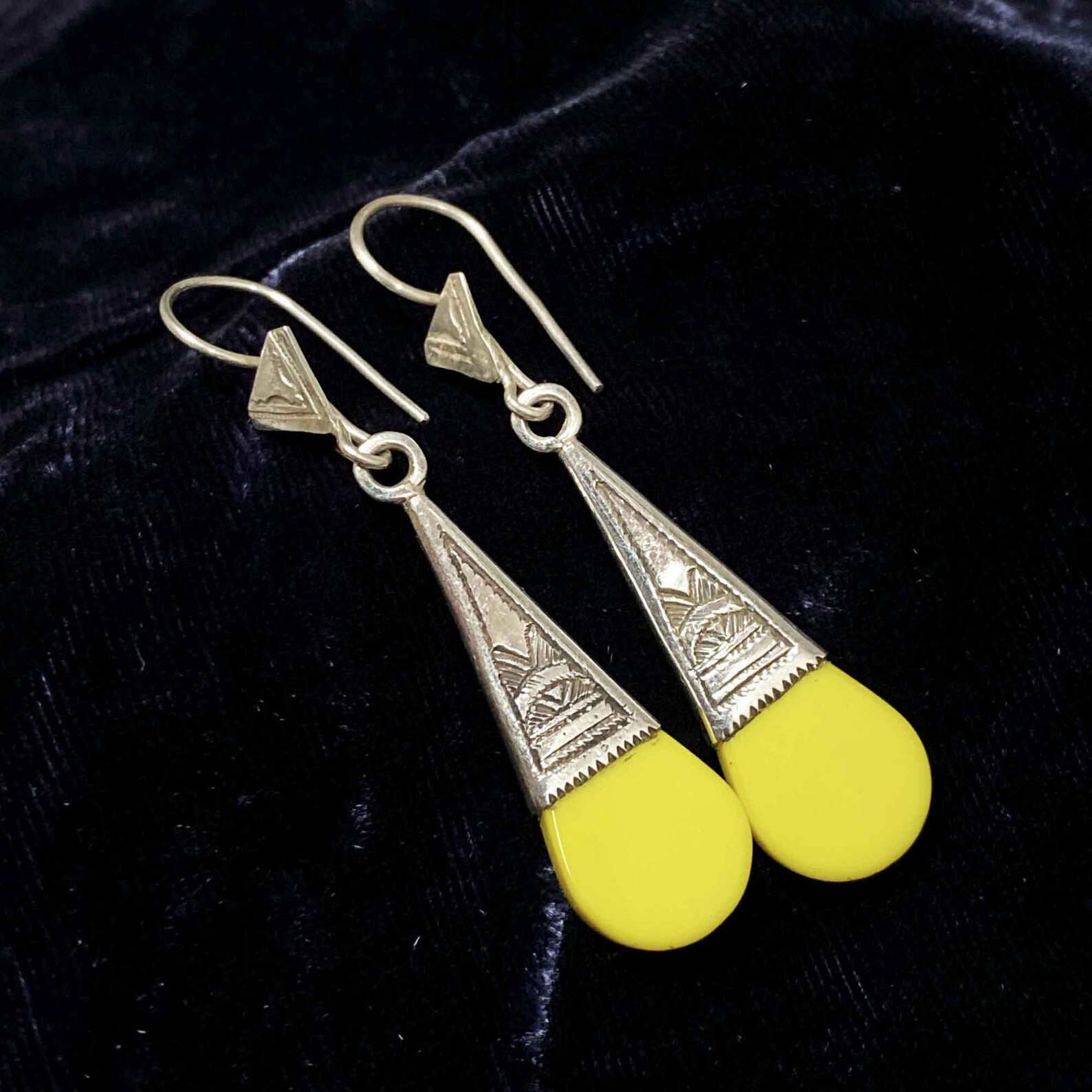 Berber Tuareg Silver and Glass Yellow Earrings with Verre In-Gall Design