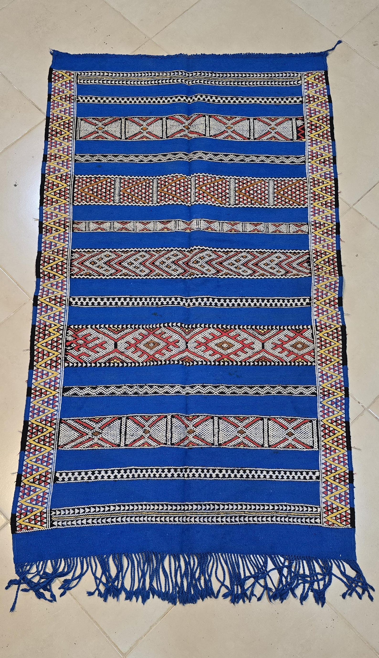 Amazigh Middle Atlas Vintage Blue Kilim Rug with Symbolic Designs