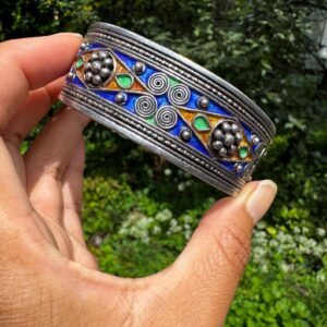 Amazigh North African Enamel Cuff Sterling Silver Bracelet
