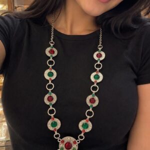 Amazigh Berber Red Green Stone Statement Necklace with Silver Tone Medallions