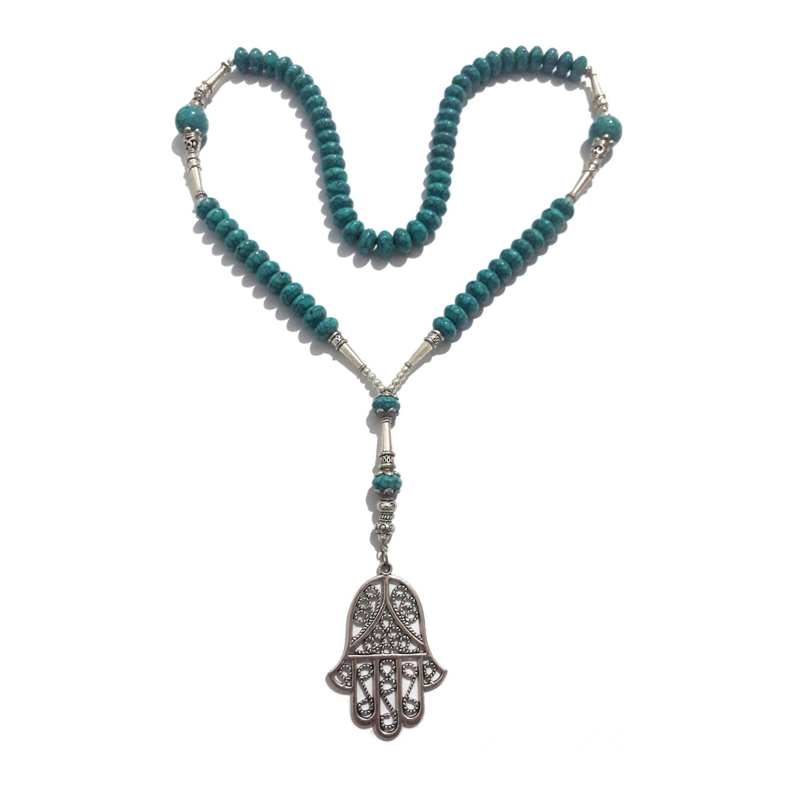 Berber Amazigh Hamsa Necklace with Turquoise Beaded Boho Cord