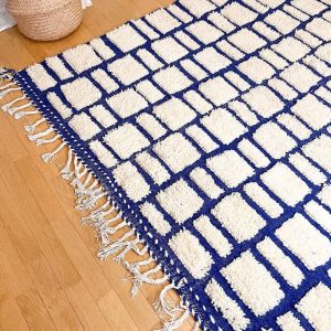 Berber Beni Ourain Blue Grid Handmade Wool Rug with Boujaad Style