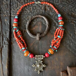 Berber Amazigh Croix de Boghdad Coral Turquoise Necklace