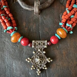 Berber Amazigh Croix de Boghdad Coral Turquoise Necklace