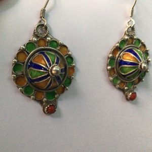 Berber Enamel Silver Earrings with Natural Coral Jewelry Design