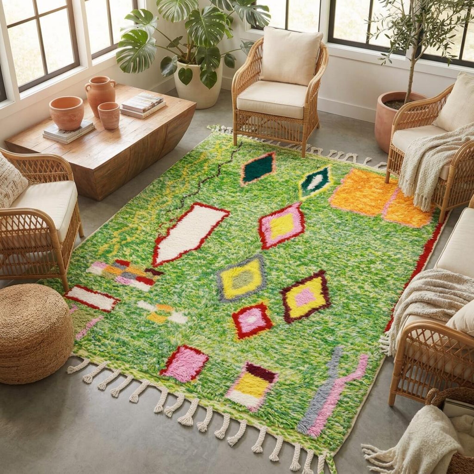 Colorful Amazigh Berber Green Wool Rug With Abstract Geometric Design