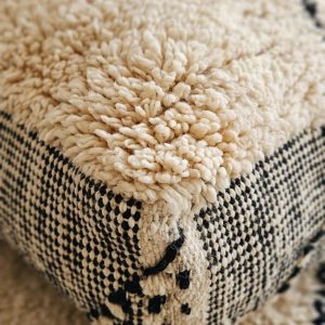 Berber Wool Cotton Pouf Ottoman Floor Accent Black Cream