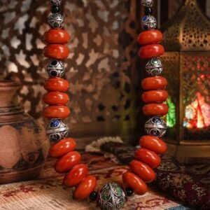 Vintage Amazigh Berber Handmade Red Bead Enameled Silver Necklace