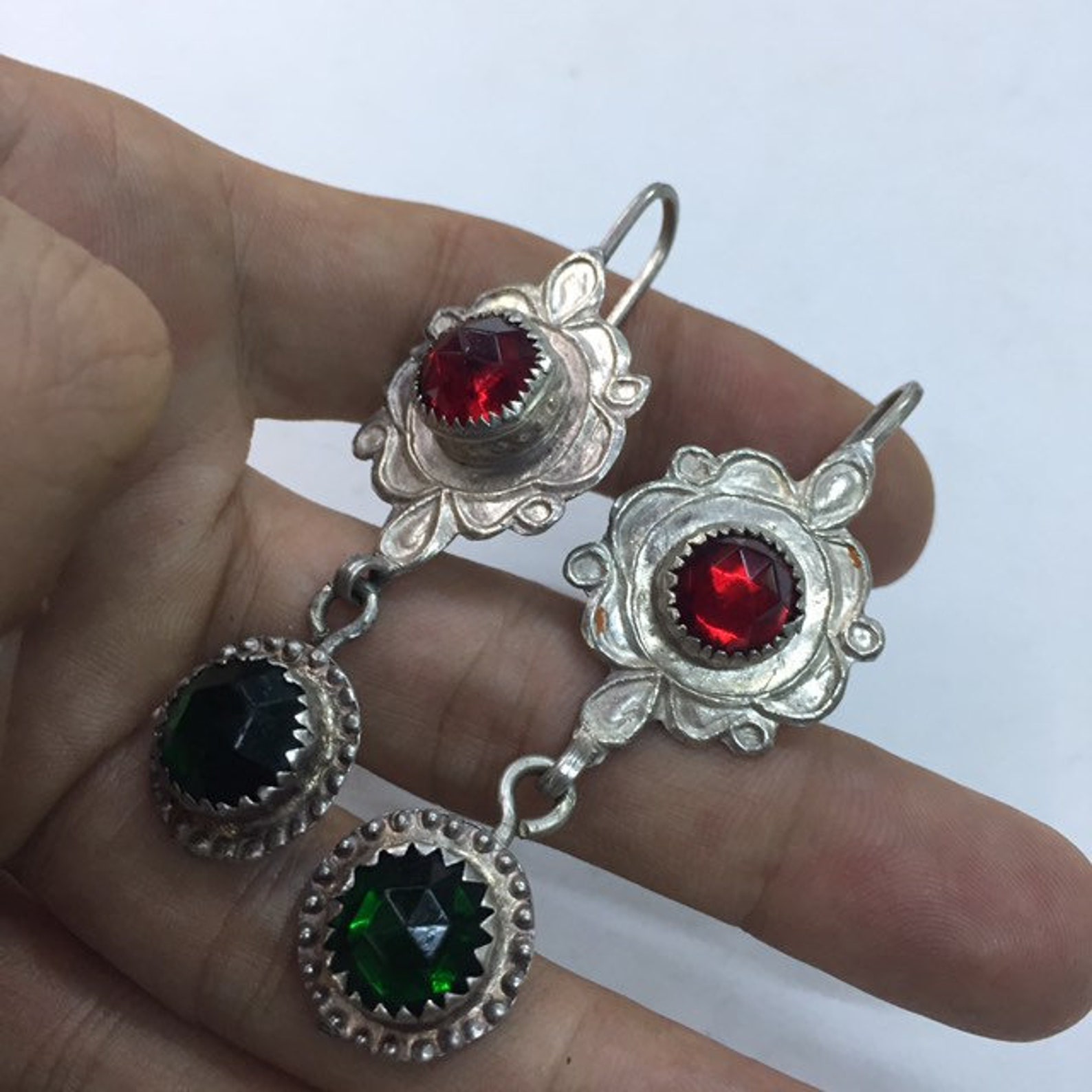 Antique Berber Silver Earrings with Glass Amazigh Jewelry Design