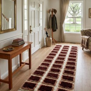 Berber Handmade Ivory Wool Runner Rug with Dark Red Square Pattern