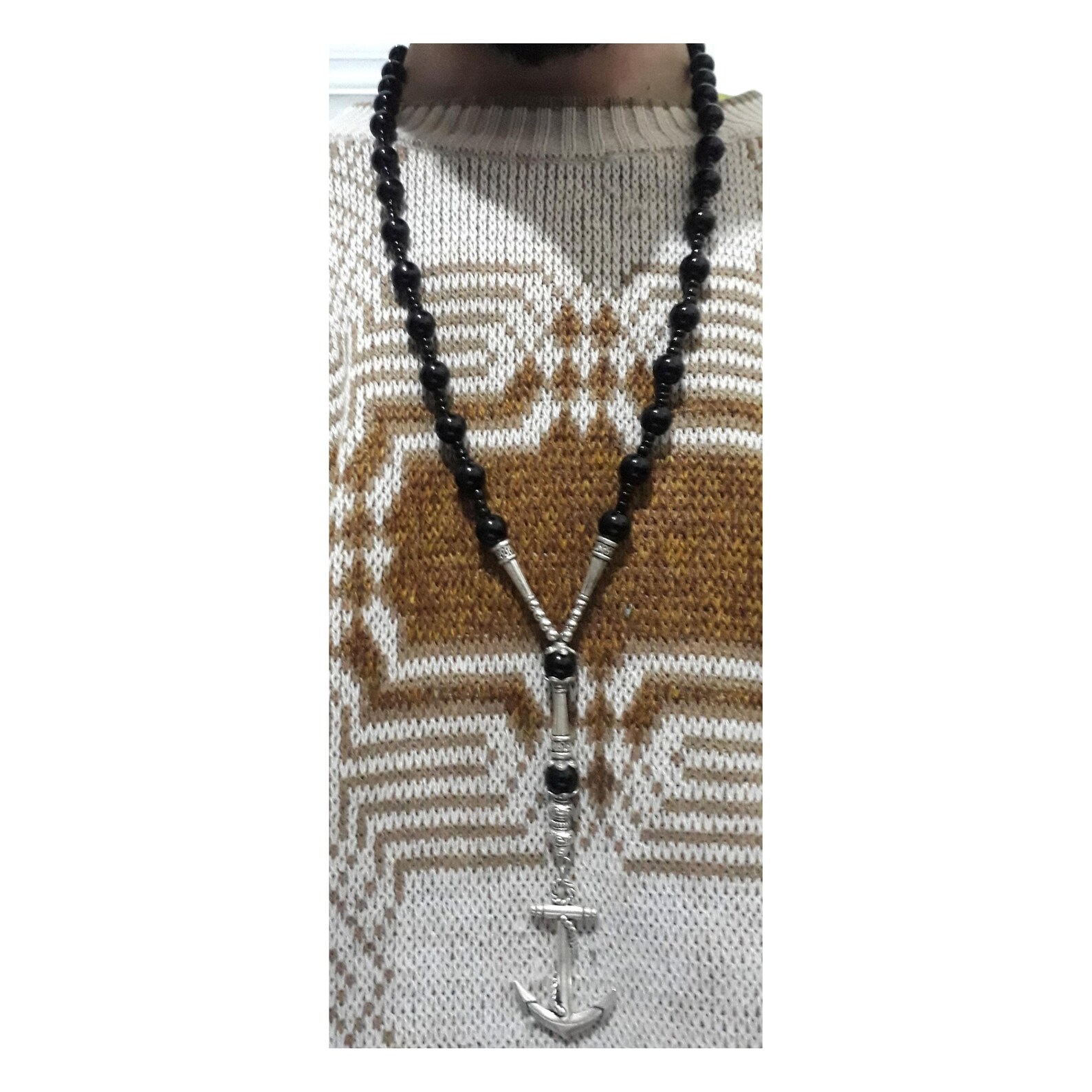 Berber Amazigh Agate Necklace with Tuareg Anchor Marine Design
