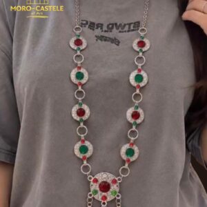 Amazigh Berber Red Green Stone Statement Necklace with Silver Tone Medallions