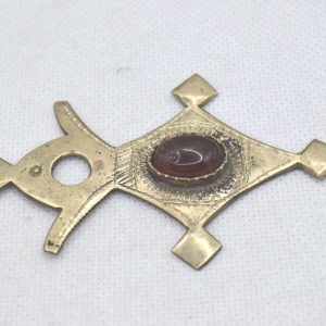 Berber Tuareg Cross Necklace with Carnelian Stone and Black Beads