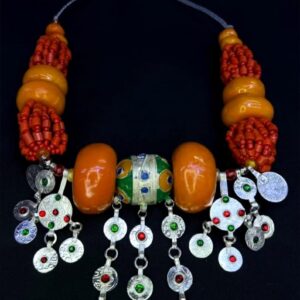 Amazigh Berber Beaded Statement Necklace with Silver Charms
