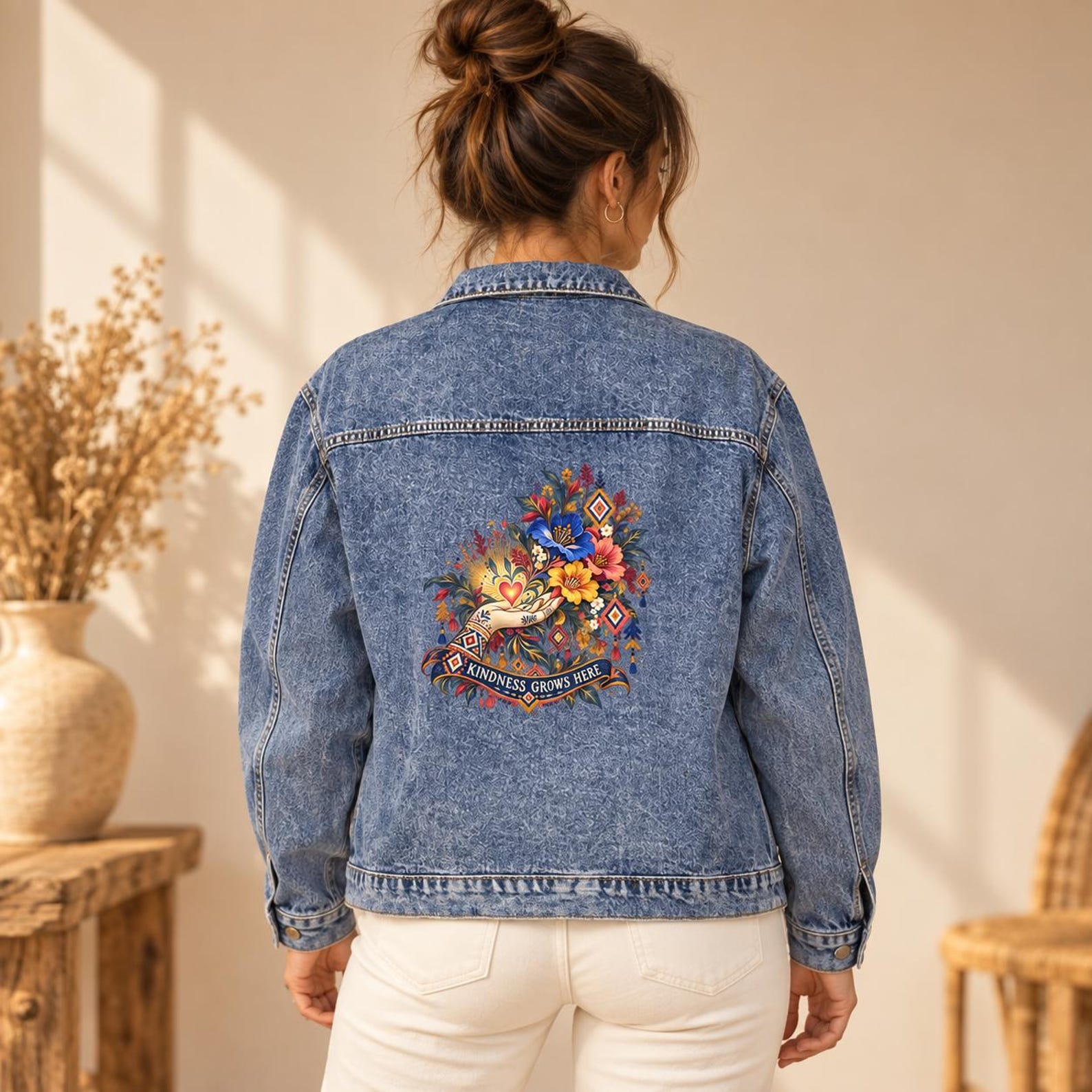 Amazigh Kindness Grows Here Denim Jacket Floral Back Print