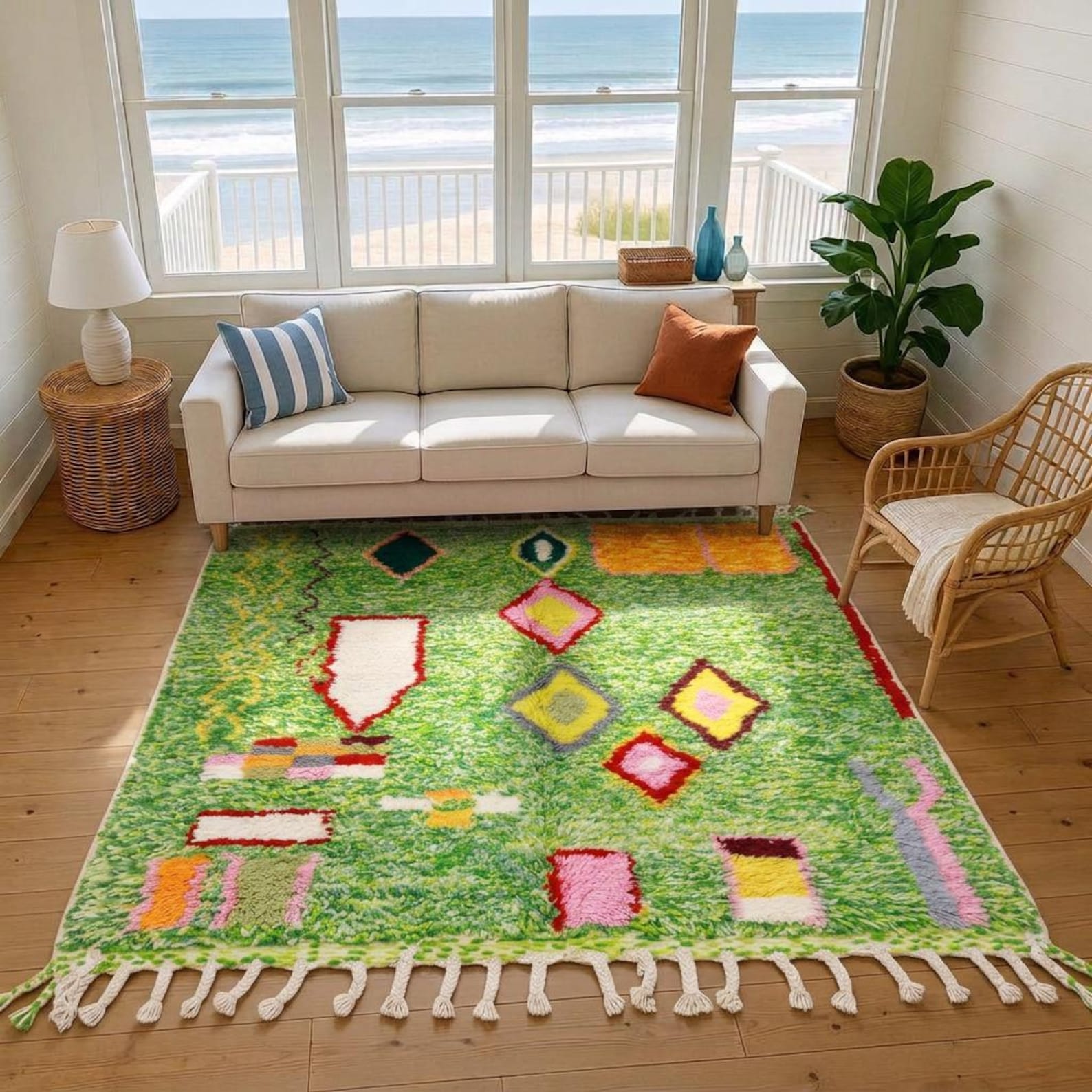 Colorful Amazigh Berber Green Wool Rug With Abstract Geometric Design