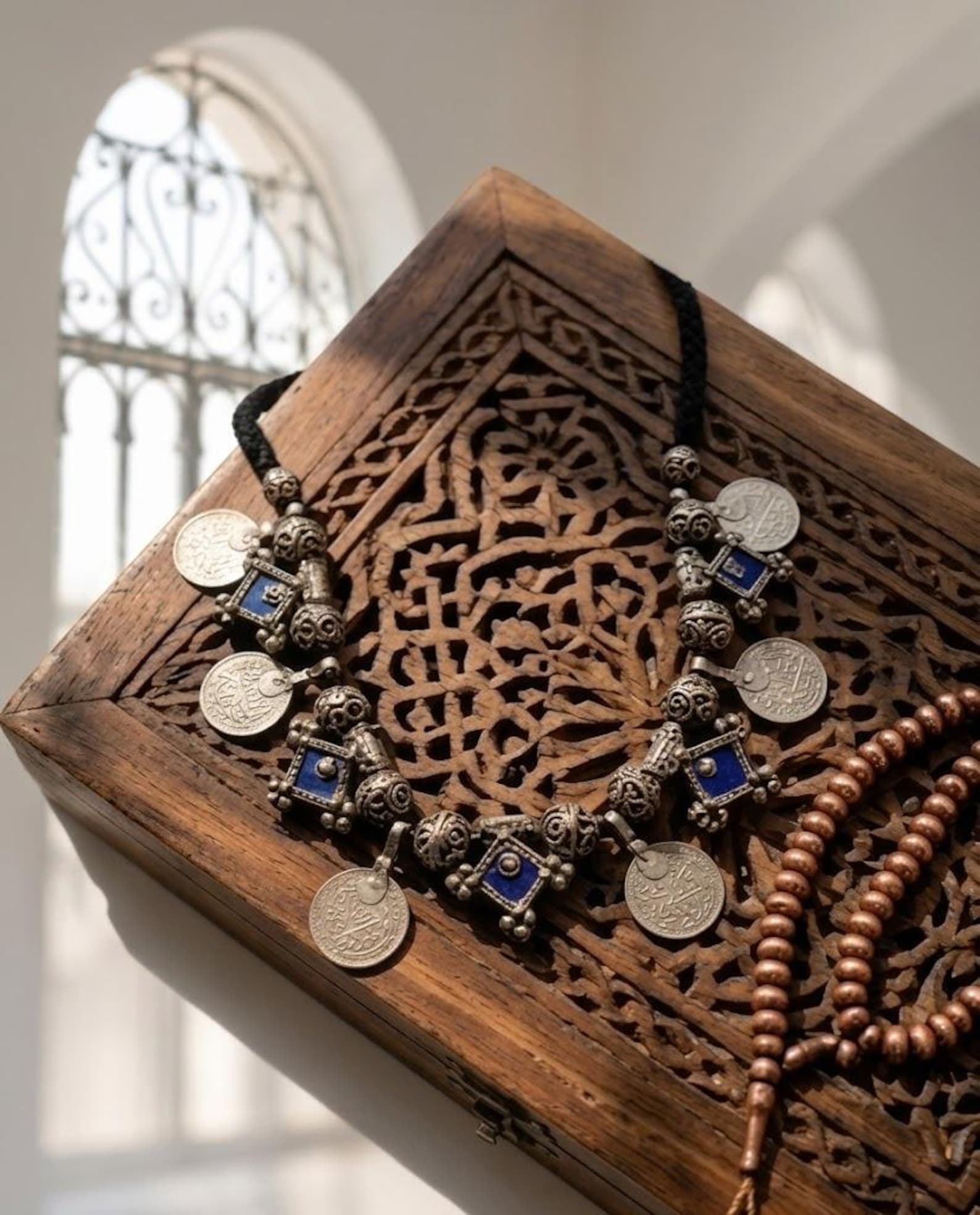 Vintage Amazigh Berber Enameled Cross Pendant Coin Charm Necklace