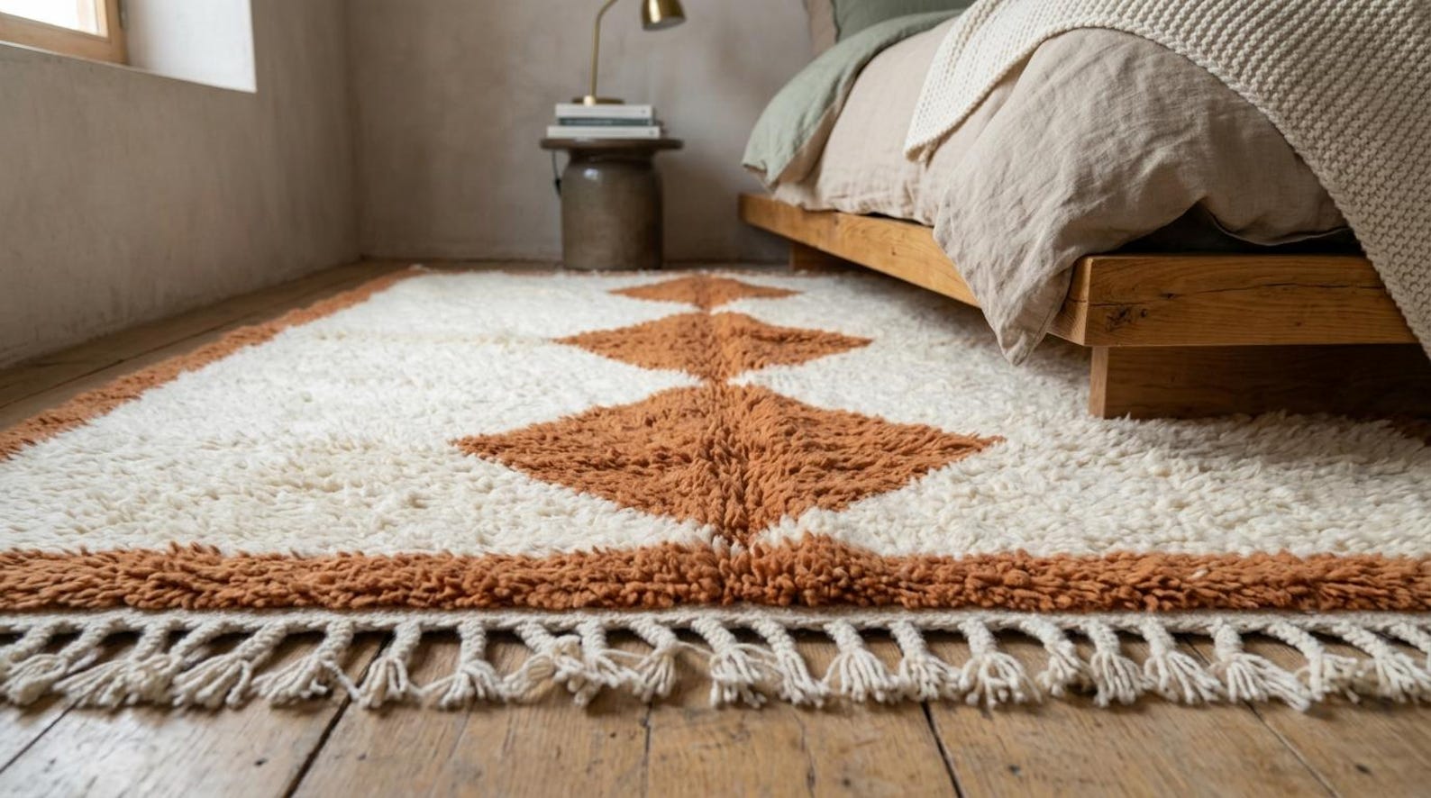 Handwoven Berber Beni Ourain Wool Rug Terracotta Diamond Area Rug