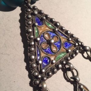 Berber Enamel Silver Pendant Necklace with African Trade Bead Chain