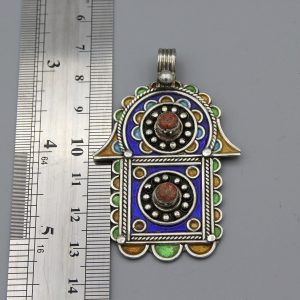 Berber Tuareg Hamsa Pendant Necklace with Blue Enamel Silver Design