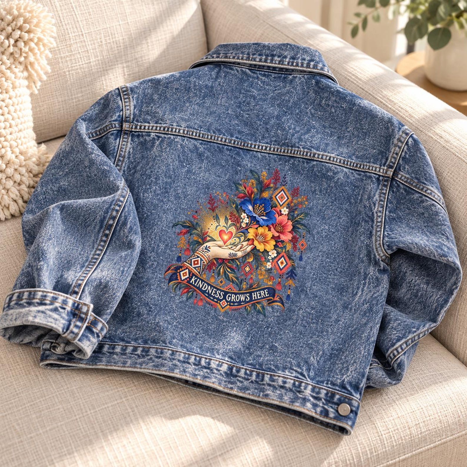 Amazigh Kindness Grows Here Denim Jacket Floral Back Print