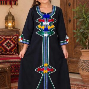 Amazigh Girls Traditional Kaftan Dress with Colorful Embroidery for Kids