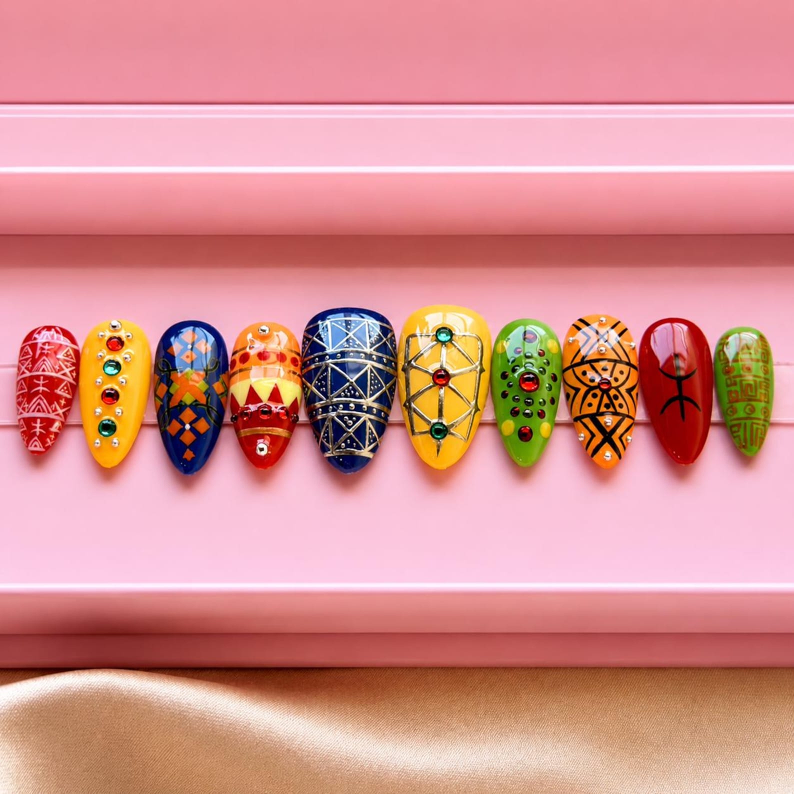 Amazigh Culture Press On Nails with Geometric Heritage Design