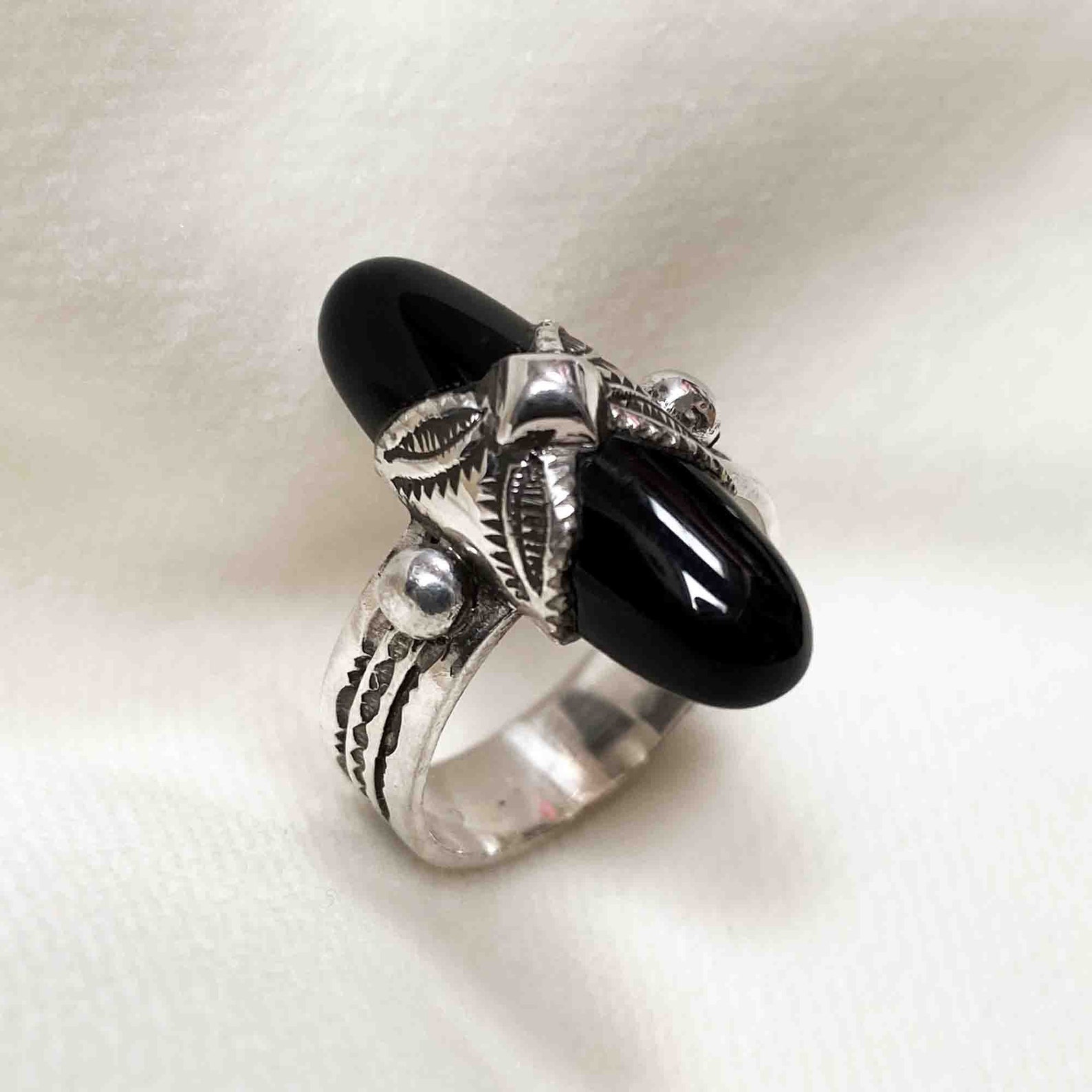 Berber Tuareg Silver Onyx Ring with Engraved Design