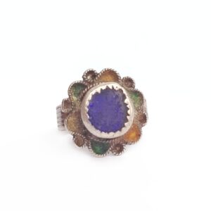 Amazigh Antique Berber Silver Ring with Blue Glass Flower Size 8