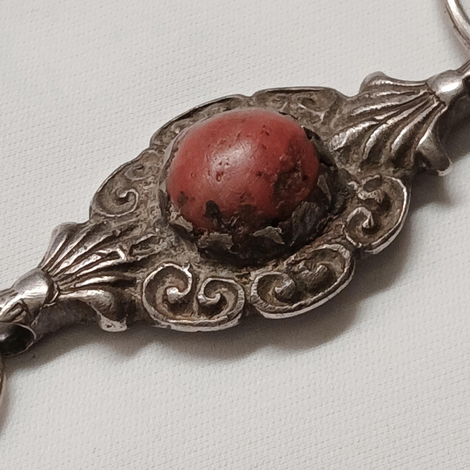 Antique Berber Tizerzai Silver Fibula with Coral Detail Jewelry