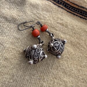 Berber Silver Earrings with Natural Coral Bead Pendants
