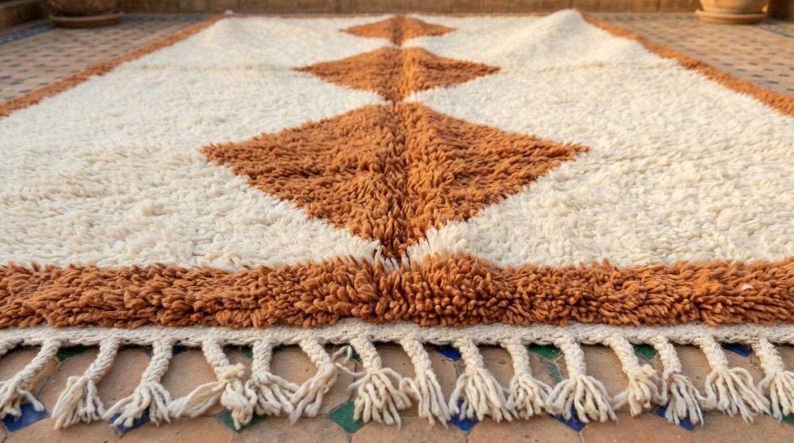 Handwoven Berber Beni Ourain Wool Rug Terracotta Diamond Area Rug