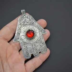 Berber Large Hamsa Necklace with Red Glass Silver Amulet Pendant