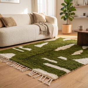 Amazigh Olive Abstract Modern Shag Berber Wool Rug Custom Size