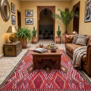Amazigh Berber Vintage Handmade Rug with Colorful Geometric Tribal Design