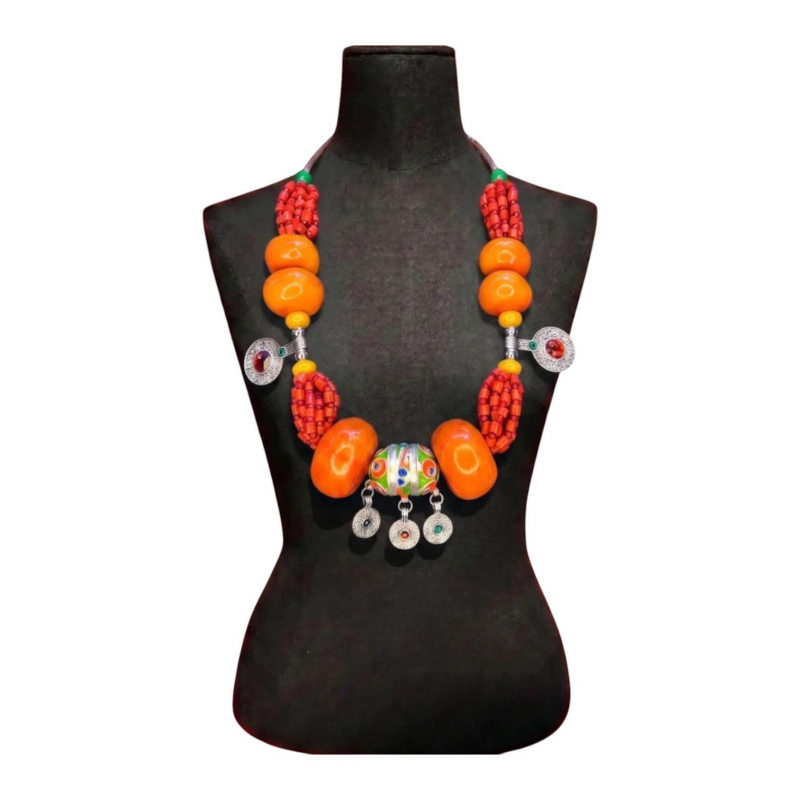 Amazigh Berber Handmade Beaded Statement Necklace with Colorful Charms