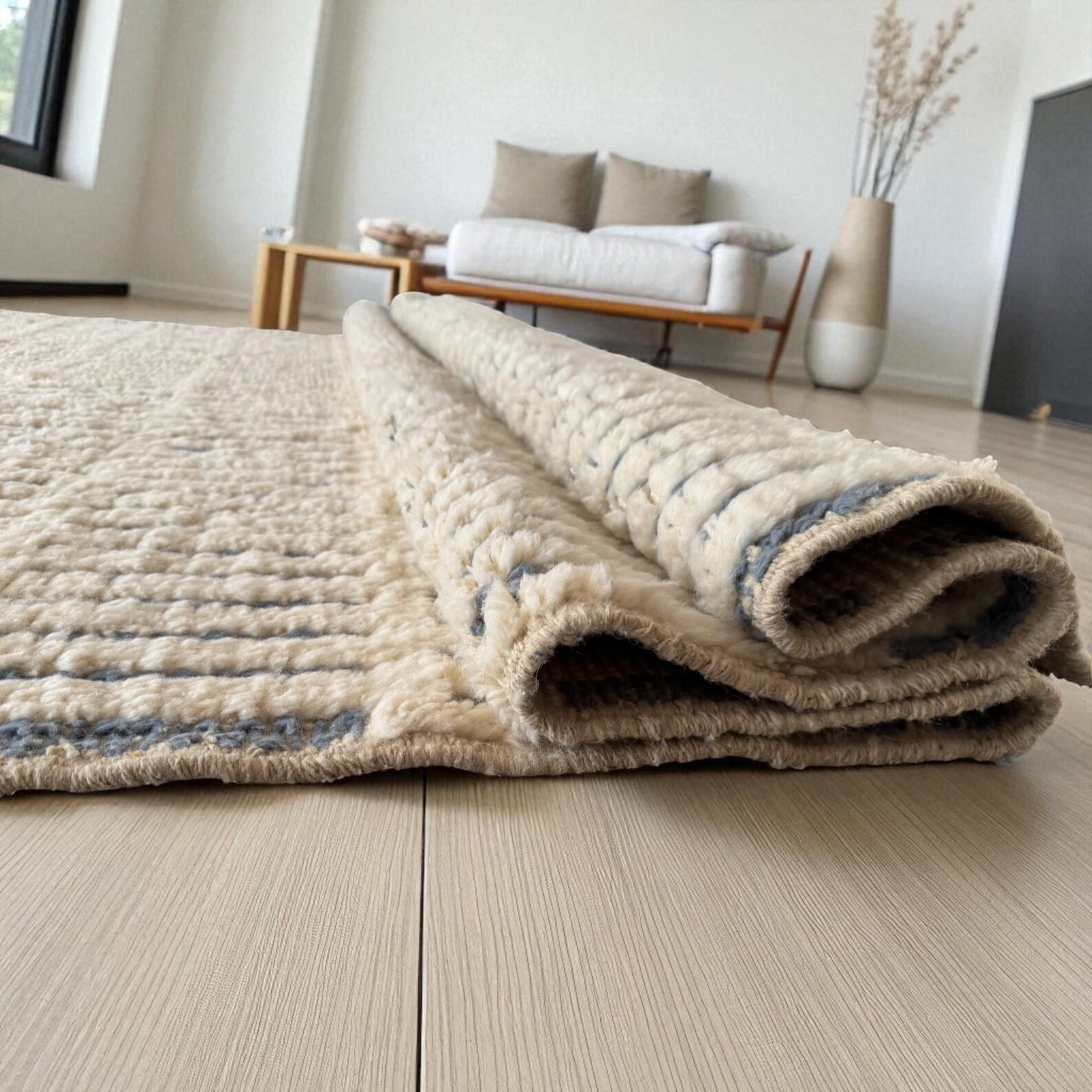 Amazigh Berber Yaz White Wool Rug with Striped Geometric Design