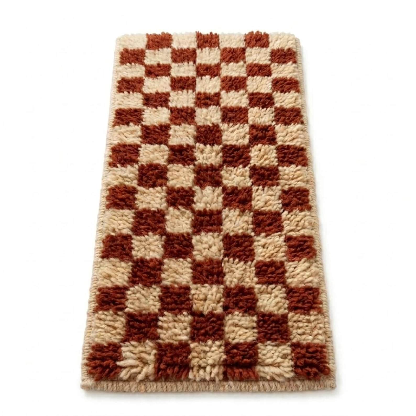 Handwoven Berber Wool Stair Tread Rug Rust Cream Checkerboard