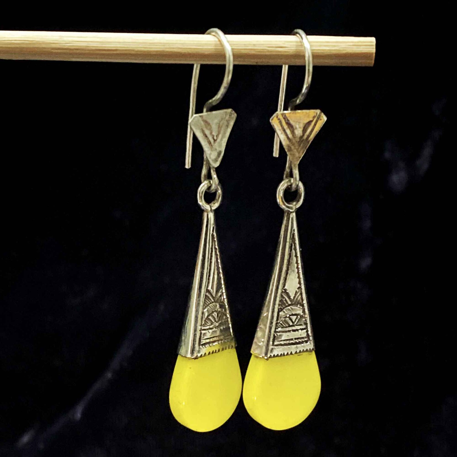 Berber Tuareg Silver and Glass Yellow Earrings with Verre In-Gall Design